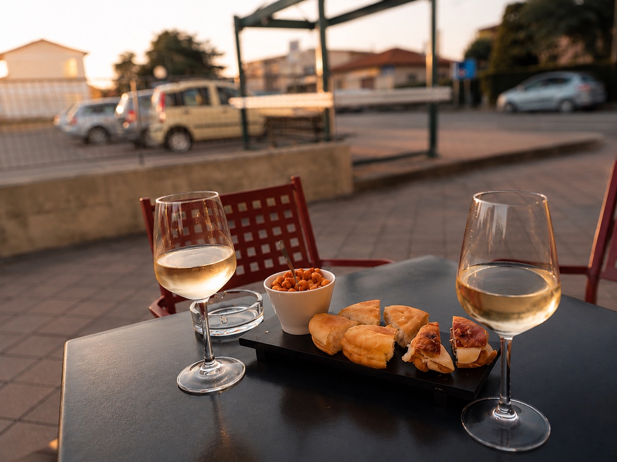 Aperitivo da Caffellatte: due calici di vino bianco e crostini serviti ai tavoli all'aperto al tramonto